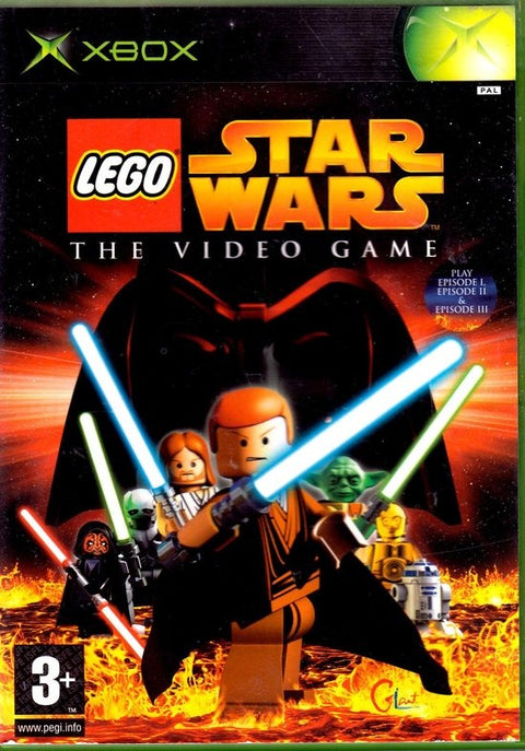 Xbox LEGO Star Wars The Video Game van Eidos, doos voorkant met LEGO-figuren met lichtzwaarden, tweedehands