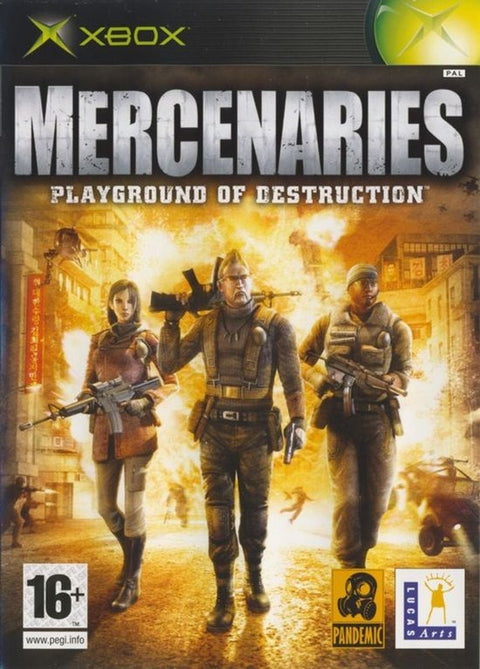 Xbox Mercenaries Playground of Destruction van LucasArts, doos voorkant met drie gewapende huurlingen, tweedehands