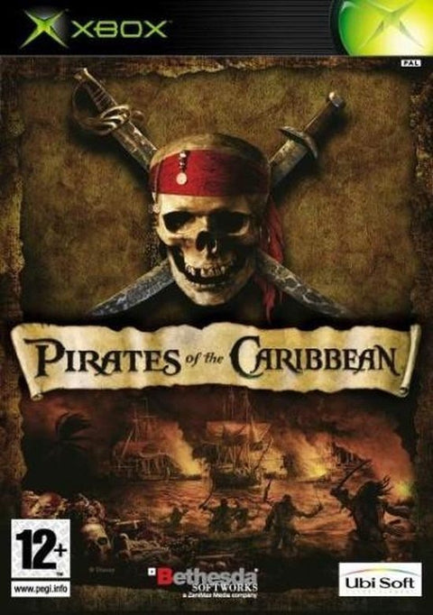 Xbox Pirates of the Caribbean van Bethesda en Ubi Soft, doos voorkant met doodskop en gekruiste zwaarden, tweedehands