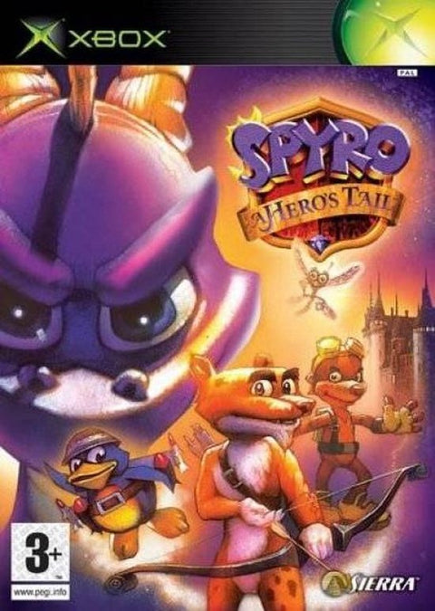 Xbox Spyro A Hero's Tail van Sierra, doos voorkant met Spyro en drie vrienden voor een kasteel, tweedehands