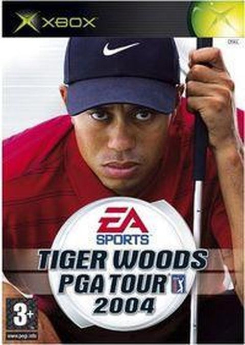Xbox Tiger Woods PGA Tour 2004 van EA Sports, doos voorkant met golfer in pet en golfclub, tweedehands