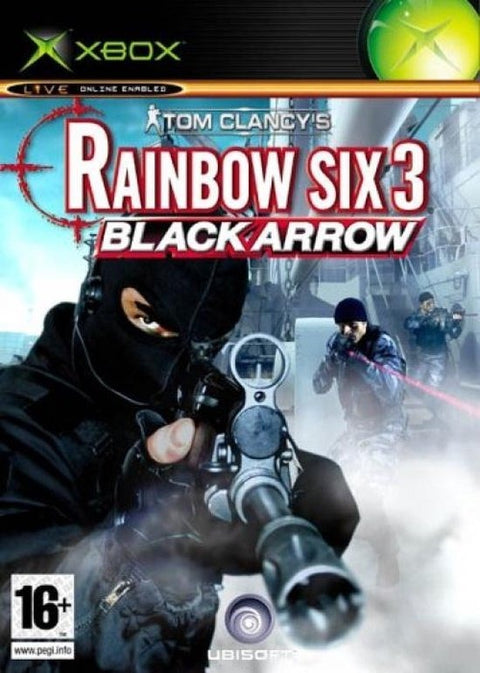 Xbox Tom Clancy's Rainbow Six 3 Black Arrow van Ubisoft, doos voorkant met gemaskerde schutter, tweedehands