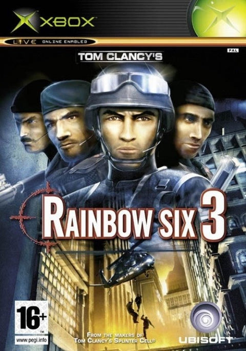 Xbox Tom Clancy's Rainbow Six 3 van Ubisoft, doos voorkant met vier commando's en een brandend gebouw, tweedehands