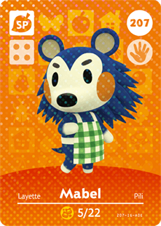 Nintendo amiibo-kaart Animal Crossing Mabel nummer 207 serie 3, voorkant met blauwe egel in groen geruit schort, tweedehands