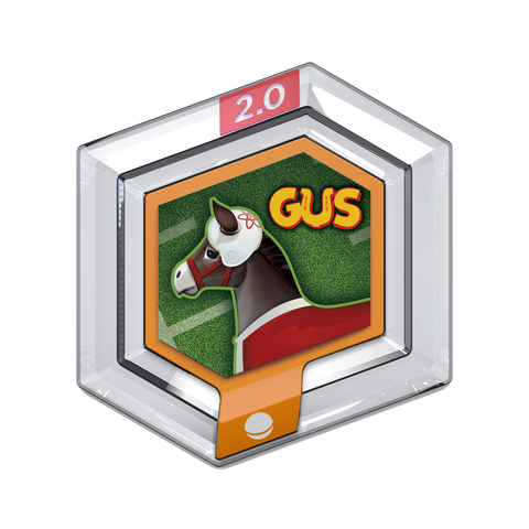 Disney Infinity 2.0 power disc Gus the Mule, zeshoekige disc met een muilezel met rode deken en de naam Gus
