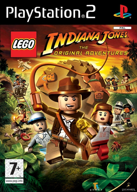 PlayStation 2 LEGO Indiana Jones The Original Adventures, doos voorkant met LEGO-Indy met zweep, tweedehands