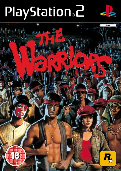 PlayStation 2 The Warriors van Rockstar, doos voorkant met de bende en Brits BBFC 18-label, tweedehands