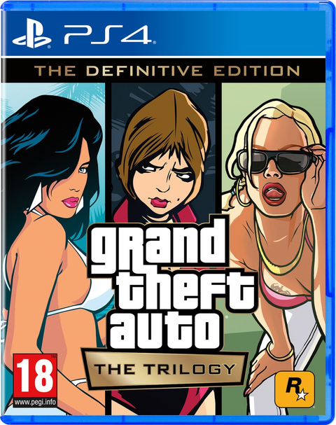 PlayStation 4 Grand Theft Auto The Trilogy Definitive Edition van Rockstar, doos voorkant met drie vrouwen