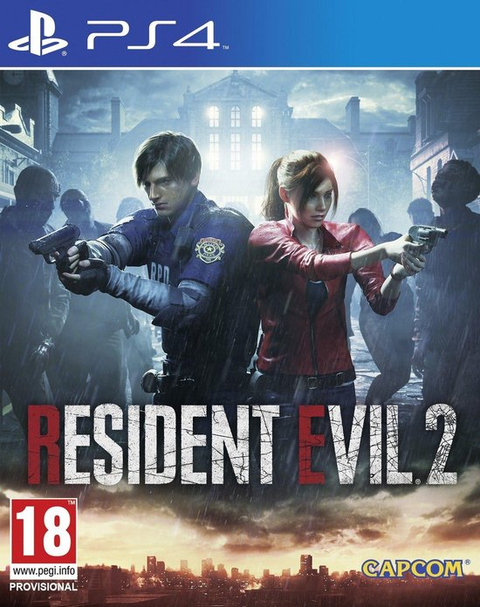 PlayStation 4 Resident Evil 2 van Capcom, voorlopige doos voorkant met Leon en Claire met pistolen