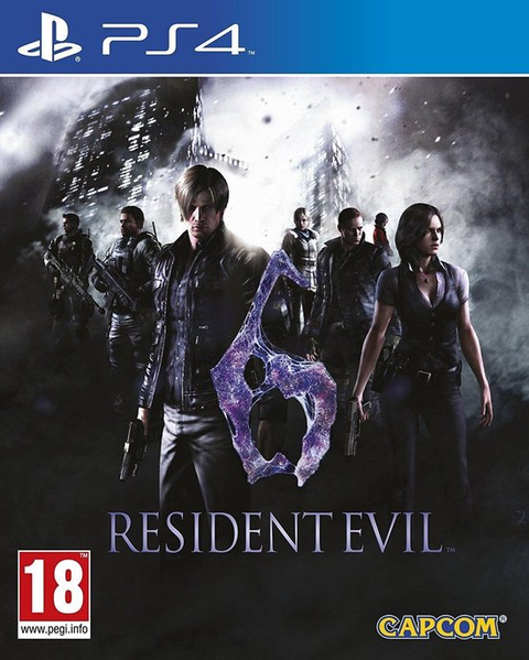 PlayStation 4 Resident Evil 6 van Capcom, doos voorkant met de hoofdpersonages rond een grote 6, tweedehands
