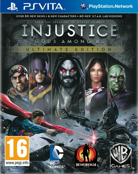 PlayStation Vita Injustice Gods Among Us Ultimate Edition van Warner Bros, doos voorkant met zes DC-figuren, tweedehands