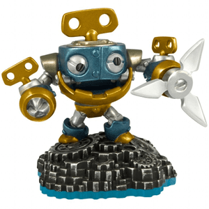 Skylanders Wind Up figuur, blauw-gouden opwindrobot met werpster op een tandwielvoet