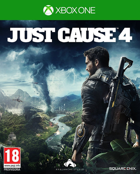 Xbox One Just Cause 4 van Square Enix, voorlopige hoes met Italiaans label en man met geweer bij een tornado, tweedehands