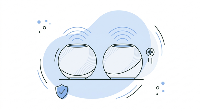 Google Nest Mini vs Home Mini - illustratie van twee slimme speakers met geluidsgolven