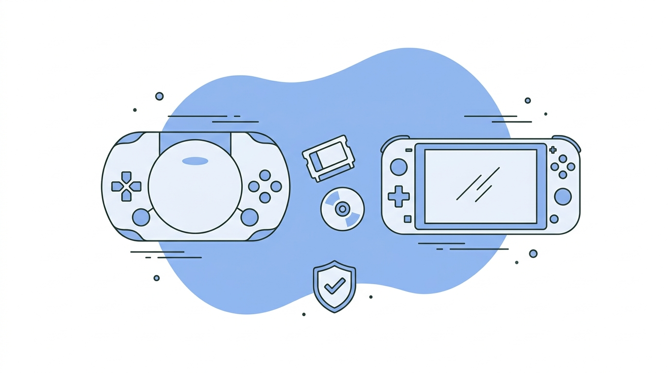 PSP of PS Vita kopen - illustratie van twee Sony handhelds met UMD en cartridge