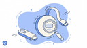 Welke Chromecast heb ik - illustratie van Chromecast-puck met HDMI-kabel en vergrootglas op het modelnummer