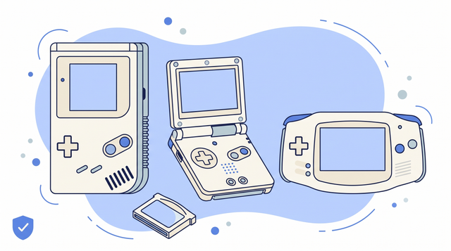 Welke Game Boy kopen - illustratie van Game Boy Classic, Advance SP en Advance met cartridge
