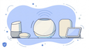 Nieuwe Google Home Speaker met lichtring naast oudere Google-speakers en Nest Hub - illustratie