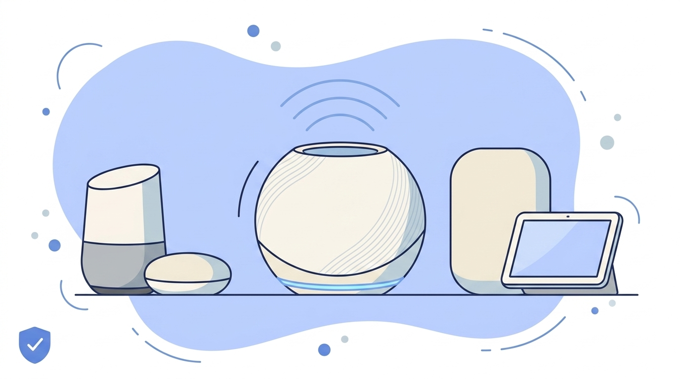 Nieuwe Google Home Speaker met lichtring naast oudere Google-speakers en Nest Hub - illustratie