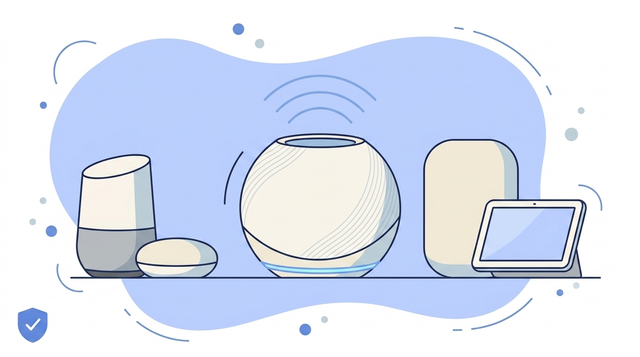 Nieuwe Google Home Speaker met lichtring naast oudere Google-speakers en Nest Hub - illustratie
