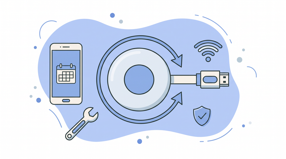 Chromecast werkt niet meer - illustratie van Chromecast-puck met reset-pijlen, telefoon met kalender en moersleutel