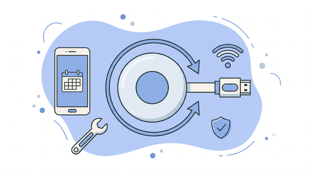 Chromecast werkt niet meer - illustratie van Chromecast-puck met reset-pijlen, telefoon met kalender en moersleutel