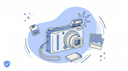 Digicam kopen - illustratie van compactcamera met flits, geheugenkaart, accu en fotootjes