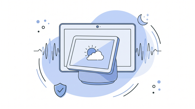 Google Nest Hub verschillen - illustratie van smart display op speakervoet, groter scherm met camera, maan en geluidsgolven