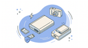 Accu, lader en geheugenkaart voor je camera - illustratie van camera-accu, oplader met lampje, SD-kaarten en compactcamera