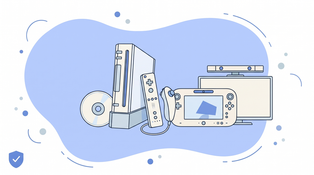 Illustratie van een Wii-console met Wii Remote en Nunchuk naast een Wii U GamePad, een game-disc en een tv met sensorbalk