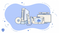Illustratie van een Wii-console met Wii Remote en Nunchuk naast een Wii U GamePad, een game-disc en een tv met sensorbalk