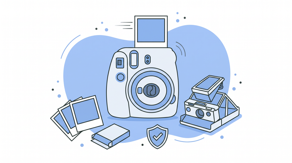 Illustratie van een Instax-camera die een foto uitwerpt, naast een opvouwbare Polaroid-camera, losse instant foto's en een filmcassette