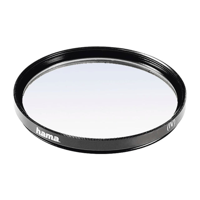 Hama UV 390 (O-Haze) filter 58mm met zwarte metalen vatting en opdruk hama (IV), los filter schuin van voren