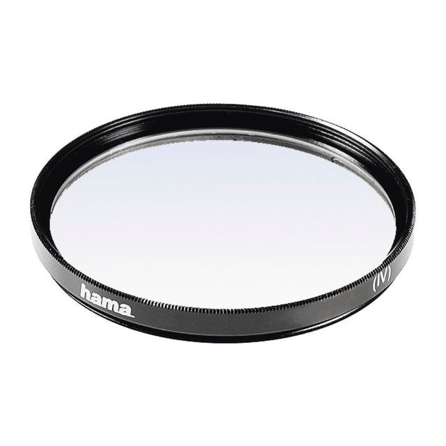 Hama UV 390 (O-Haze) filter 67mm met zwarte metalen vatting en opdruk hama (IV), los filter schuin van voren