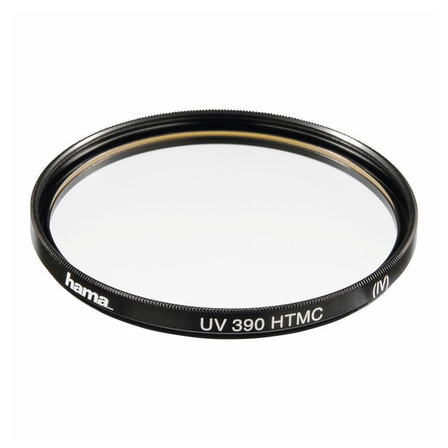 Hama UV 390 HTMC filter 52mm met zwarte metalen vatting en opdruk hama UV 390 HTMC (IV), los filter schuin van voren