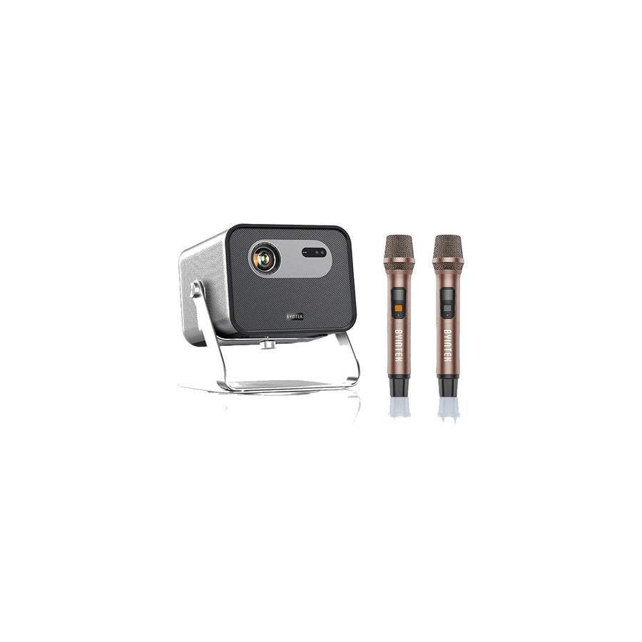 BYINTEK Magic 4 Max R90 Max Full-HD DLP-beamer, grijs, met standaard en twee draadloze microfoons