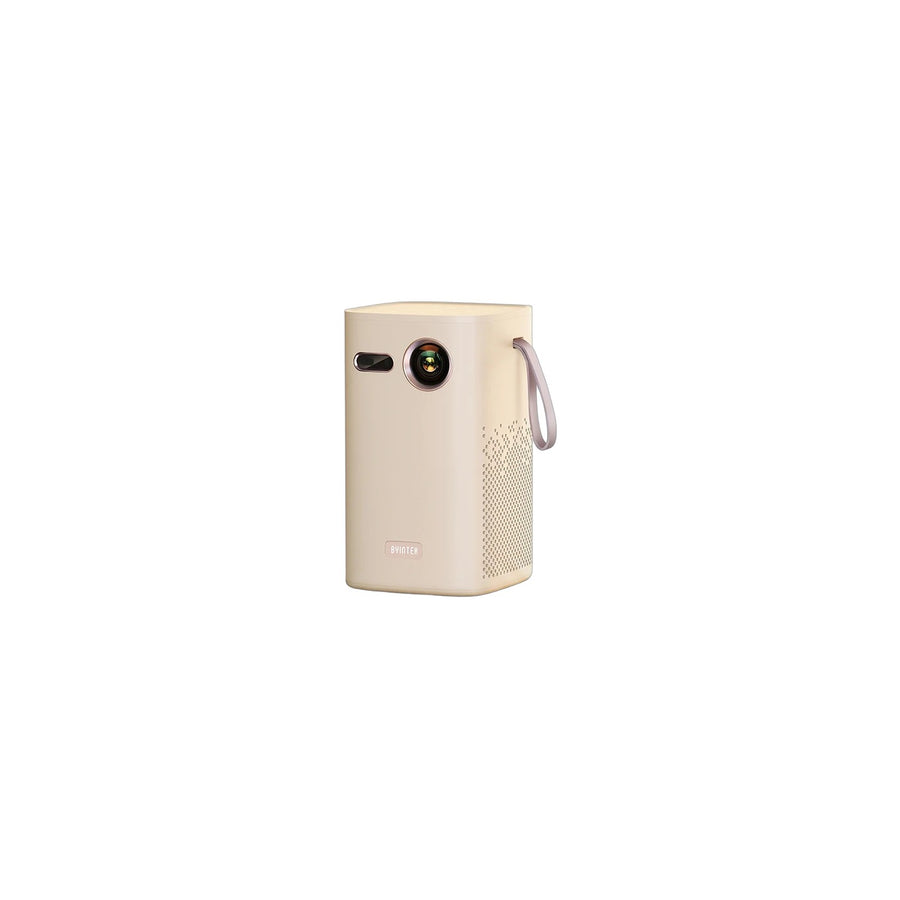 BYINTEK Magic 1 Max draagbare DLP-projector, creme/beige met draaglus, vooraanzicht met lens op witte achtergrond
