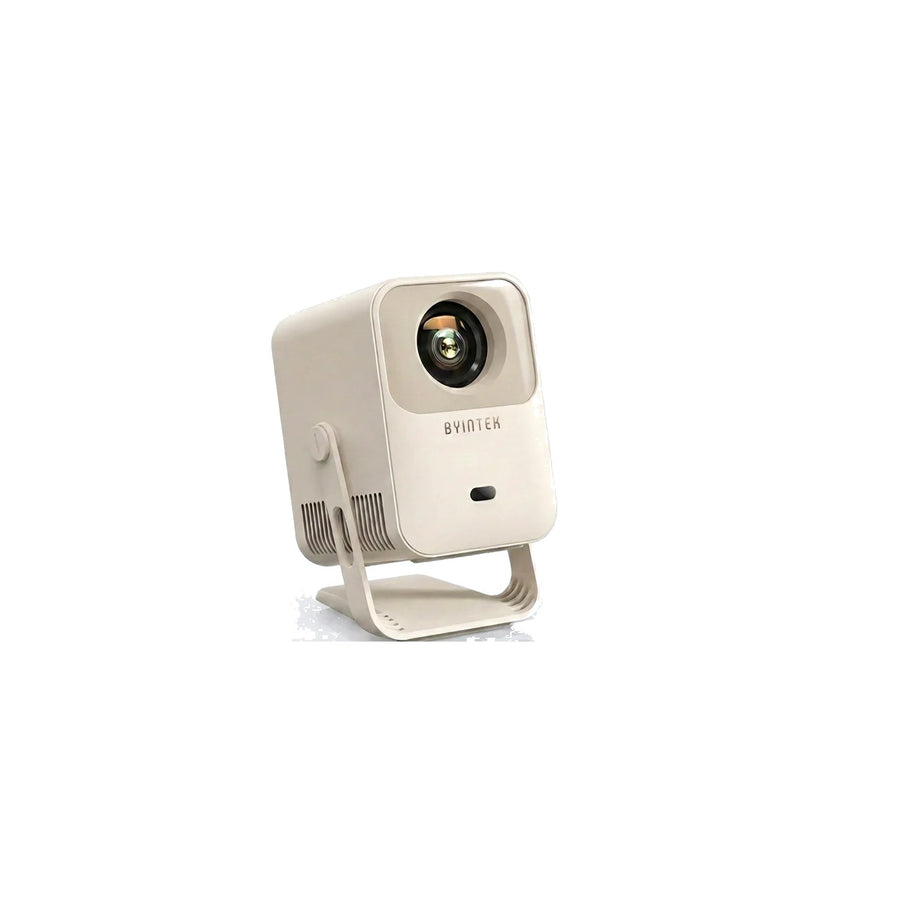 BYINTEK Mango 1 mini-projector, beige/creme, op vaste kantelstandaard, vooraanzicht met lens