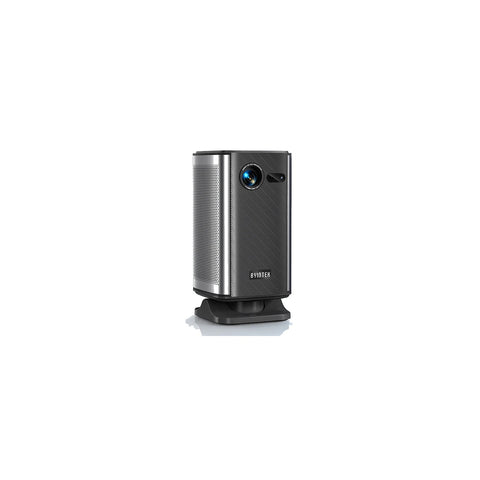 BYINTEK P70X Book 1 draagbare DLP-pocketbeamer, grijs, rechtopstaand op kantelvoet, schuin vooraanzicht op wit
