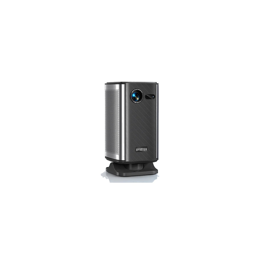 BYINTEK P70X Book 1 draagbare DLP-pocketbeamer, grijs, rechtopstaand op kantelvoet, schuin vooraanzicht op wit