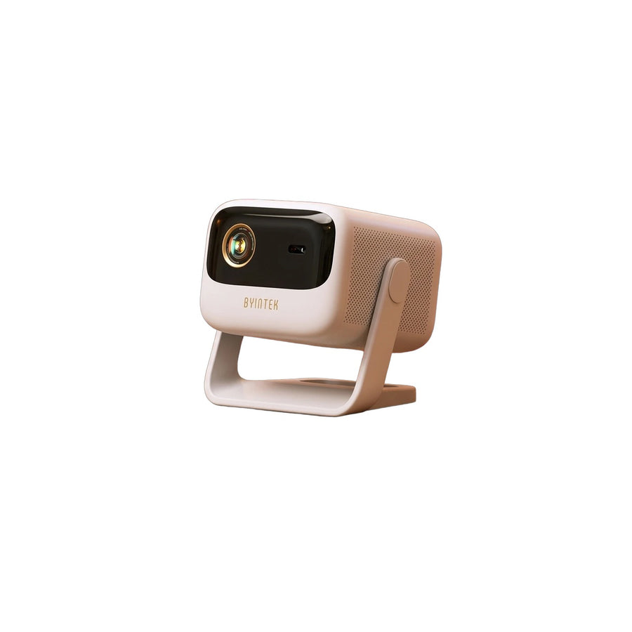 BYINTEK U90 Max draagbare projector, wit met geintegreerde gimbal-standaard, vooraanzicht met lens en TOF-sensor