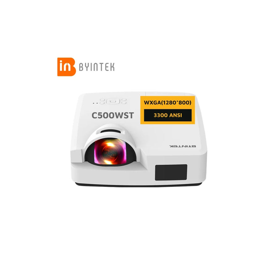 BYINTEK Note 1 C500WST short-throw projector wit, vooraanzicht met korte-afstand lens op witte achtergrond