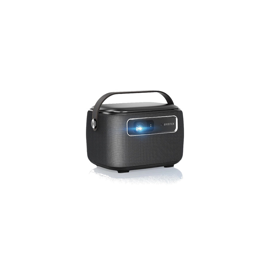 BYINTEK Book 3 Max R20 Max draagbare DLP-beamer, zwart, met leren draaghandvat en stoffen speakergrille, vooraanzicht op wit