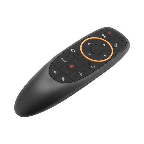 BYINTEK air mouse afstandsbediening 2.4 GHz voor beamer, zwart, schuin van boven met oranje ring en rode microfoonknop