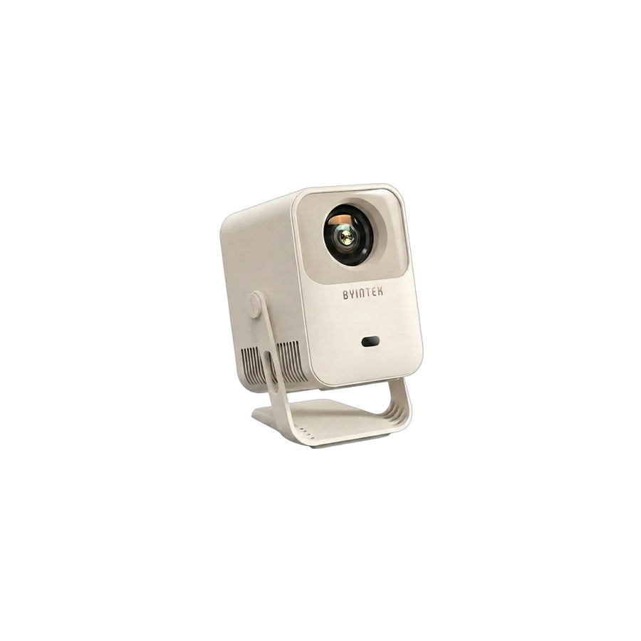 BYINTEK Mango 1 Pro compacte mini-projector op kantelstandaard, vooraanzicht met lens, creme/wit