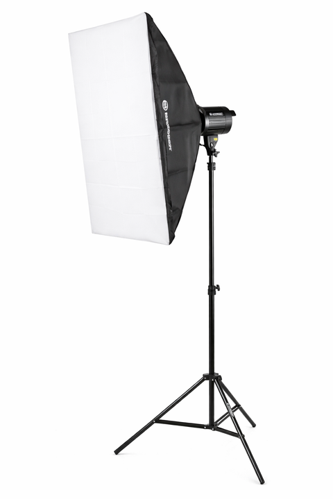 Bresser BRM-300AM studioflitser met softbox op statief, zwart, vooraanzicht