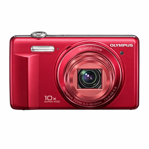 Olympus D-755 digitale compactcamera, rood, voorkant met 10x zoomlens, tweedehands