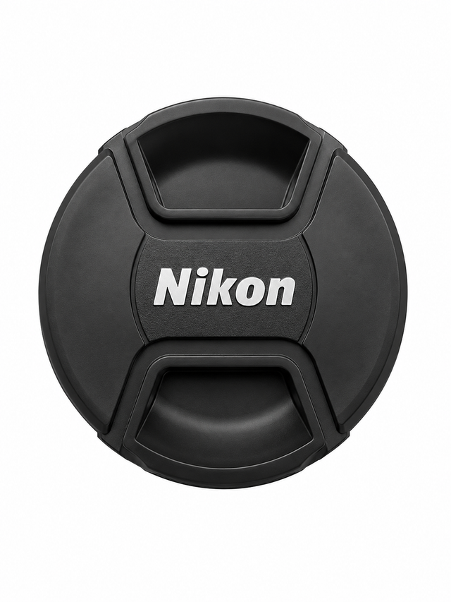 Nikon lensdop 67mm, zwart met wit Nikon-logo en knijpgrepen in het midden, voorkant