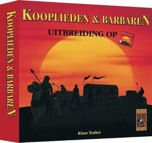999 Games Catan Kooplieden & Barbaren uitbreiding, rode doos voorkant met karavaan bij zonsondergang