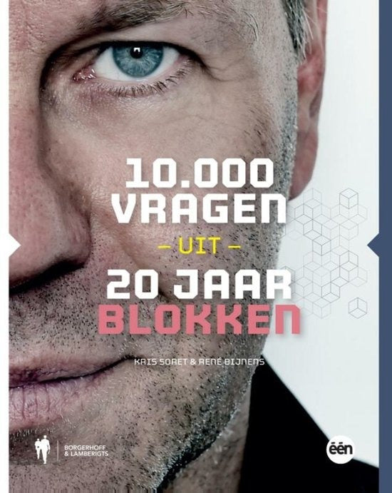 10.000 vragen uit 20 jaar Blokken, Kris Soret, omslag met een half mannengezicht met lichtblauwe iris, tweedehands